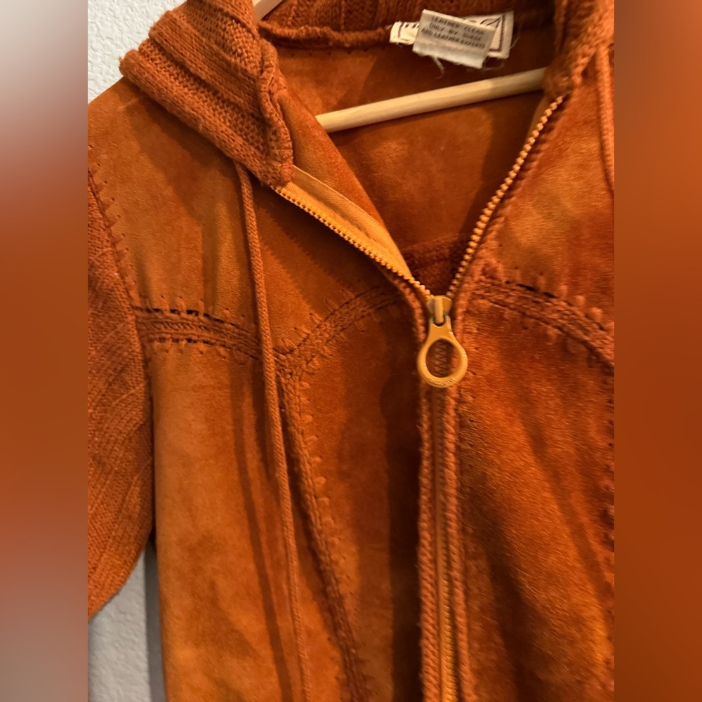 Vintage 1970s Terracotta Leather Suede Knit Crochet Hooded  Jacket Coat, Grunge - Picture 6 of 14